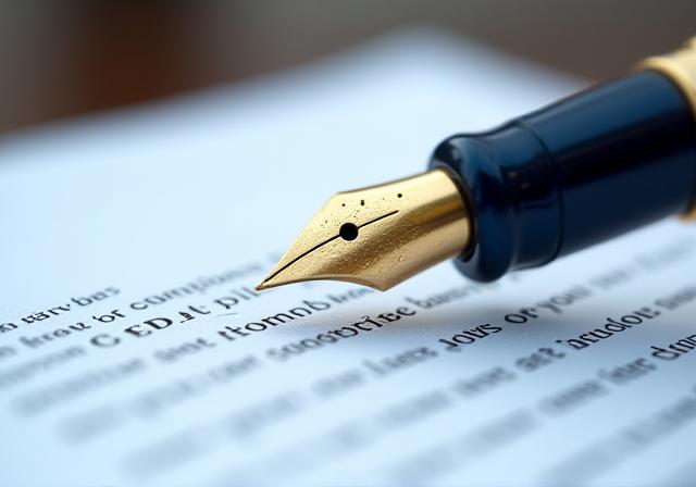 Close-up of a high-end fountain pen on a legal contract at Zenith Lex