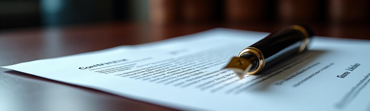 Close-up of a legal contract with a gold fountain pen